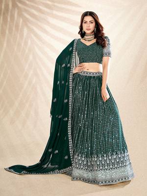 Pine Green Embroidered Semi Stitched Lehenga and Unstitched Blouse with Dupatta 2