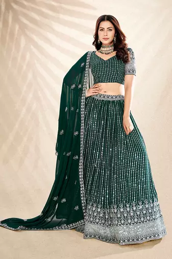 Pine Green Embroidered Semi Stitched Lehenga and Unstitched Blouse with Dupatta