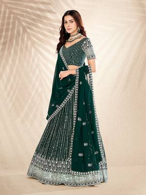Pine Green Embroidered Semi Stitched Lehenga and Unstitched Blouse with Dupatta 3