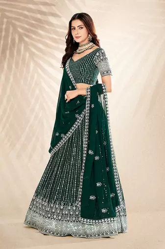 Pine Green Embroidered Semi Stitched Lehenga and Unstitched Blouse with Dupatta