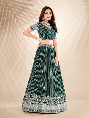 Pine Green Embroidered Semi Stitched Lehenga and Unstitched Blouse with Dupatta 4