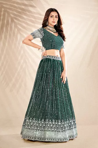 Pine Green Embroidered Semi Stitched Lehenga and Unstitched Blouse with Dupatta