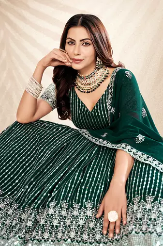 Pine Green Embroidered Semi Stitched Lehenga and Unstitched Blouse with Dupatta