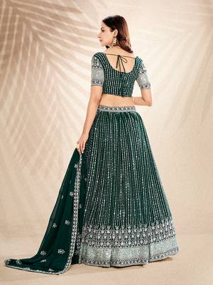 Pine Green Embroidered Semi Stitched Lehenga and Unstitched Blouse with Dupatta 6