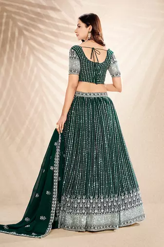 Pine Green Embroidered Semi Stitched Lehenga and Unstitched Blouse with Dupatta