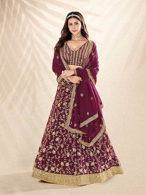 Wine Purple Embroidered Semi Stitched Lehenga and Unstitched Blouse with Dupatta 1