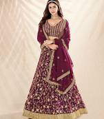 Wine Purple Embroidered Semi Stitched Lehenga and Unstitched Blouse with Dupatta