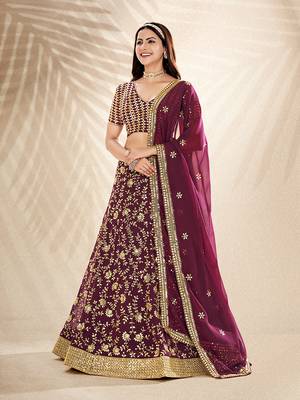 Wine Purple Embroidered Semi Stitched Lehenga and Unstitched Blouse with Dupatta 2