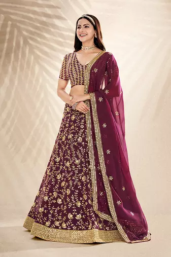 Wine Purple Embroidered Semi Stitched Lehenga and Unstitched Blouse with Dupatta