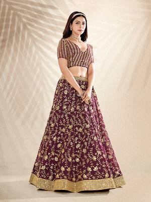 Wine Purple Embroidered Semi Stitched Lehenga and Unstitched Blouse with Dupatta 3