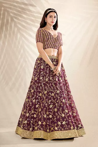 Wine Purple Embroidered Semi Stitched Lehenga and Unstitched Blouse with Dupatta