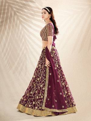 Wine Purple Embroidered Semi Stitched Lehenga and Unstitched Blouse with Dupatta 4