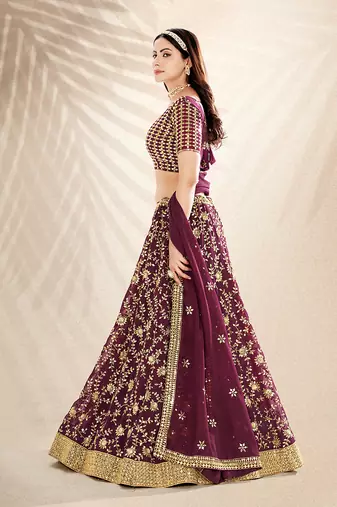 Wine Purple Embroidered Semi Stitched Lehenga and Unstitched Blouse with Dupatta