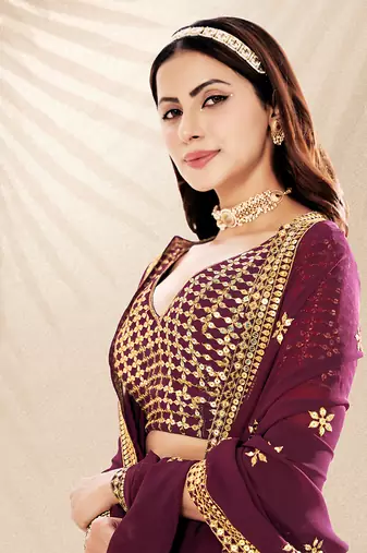 Wine Purple Embroidered Semi Stitched Lehenga and Unstitched Blouse with Dupatta