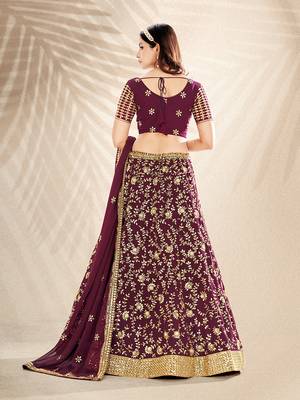 Wine Purple Embroidered Semi Stitched Lehenga and Unstitched Blouse with Dupatta 6