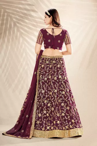 Wine Purple Embroidered Semi Stitched Lehenga and Unstitched Blouse with Dupatta