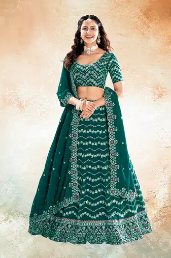 Emerald Green Embroidered Semi Stitched Lehenga and Unstitched Blouse with Dupatta