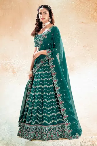 Emerald Green Embroidered Semi Stitched Lehenga and Unstitched Blouse with Dupatta