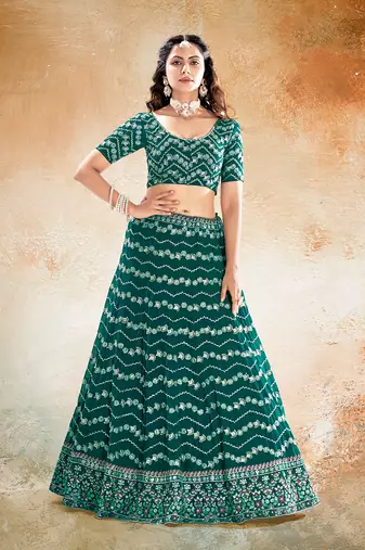 Emerald Green Embroidered Semi Stitched Lehenga and Unstitched Blouse with Dupatta