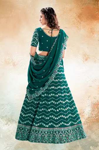 Emerald Green Embroidered Semi Stitched Lehenga and Unstitched Blouse with Dupatta