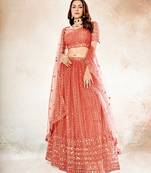 Salmon Pink Embroidered Semi Stitched Lehenga and Unstitched Blouse With Dupatta