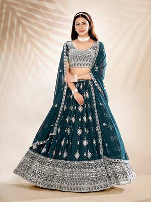 Teal Embroidered Semi Stitched Lehenga and Unstitched Blouse With Dupatta 1
