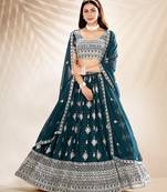 Teal Embroidered Semi Stitched Lehenga and Unstitched Blouse With Dupatta