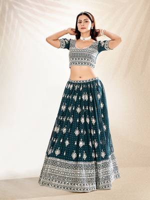 Teal Embroidered Semi Stitched Lehenga and Unstitched Blouse With Dupatta 2