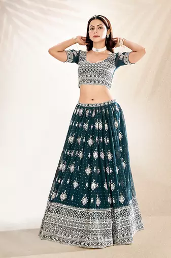 Teal Embroidered Semi Stitched Lehenga and Unstitched Blouse With Dupatta