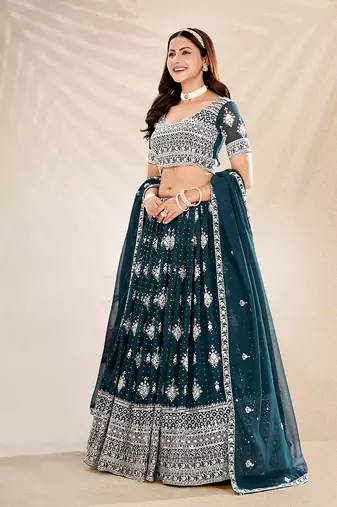 Teal Embroidered Semi Stitched Lehenga and Unstitched Blouse With Dupatta