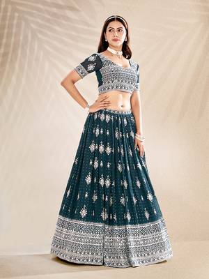 Teal Embroidered Semi Stitched Lehenga and Unstitched Blouse With Dupatta 4