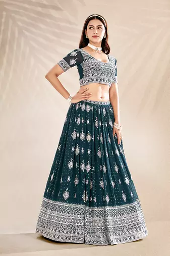 Teal Embroidered Semi Stitched Lehenga and Unstitched Blouse With Dupatta