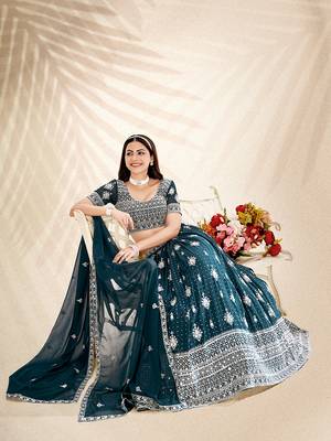 Teal Embroidered Semi Stitched Lehenga and Unstitched Blouse With Dupatta 5