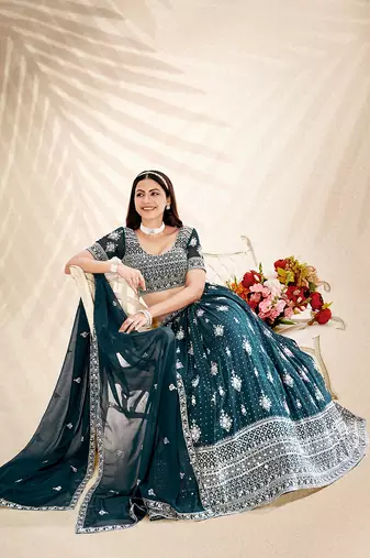 Teal Embroidered Semi Stitched Lehenga and Unstitched Blouse With Dupatta