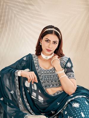 Teal Embroidered Semi Stitched Lehenga and Unstitched Blouse With Dupatta 6