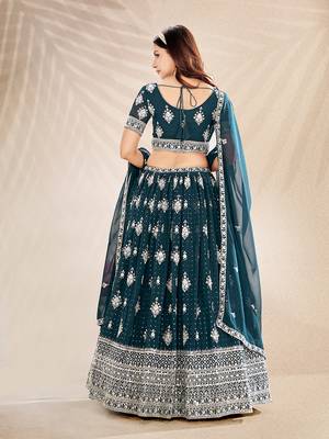 Teal Embroidered Semi Stitched Lehenga and Unstitched Blouse With Dupatta 7