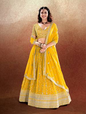 Yellow Embroidered Semi Stitched Lehenga and Unstitched Blouse With Dupatta 1