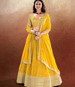 Yellow Embroidered Semi Stitched Lehenga and Unstitched Blouse With Dupatta