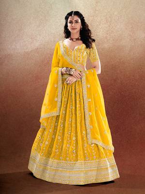 Yellow Embroidered Semi Stitched Lehenga and Unstitched Blouse With Dupatta 2