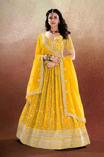 Yellow Embroidered Semi Stitched Lehenga and Unstitched Blouse With Dupatta