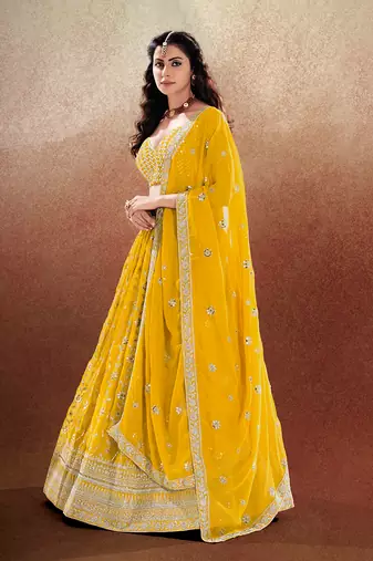Yellow Embroidered Semi Stitched Lehenga and Unstitched Blouse With Dupatta