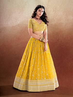 Yellow Embroidered Semi Stitched Lehenga and Unstitched Blouse With Dupatta 4