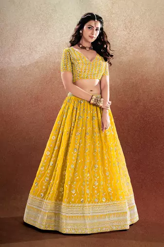 Yellow Embroidered Semi Stitched Lehenga and Unstitched Blouse With Dupatta