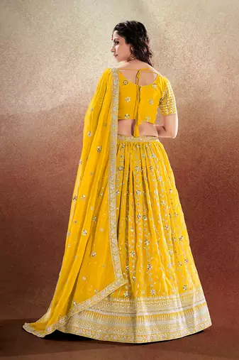Yellow Embroidered Semi Stitched Lehenga and Unstitched Blouse With Dupatta