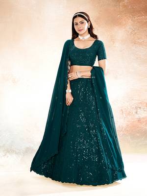 Dark Teal Embroidered Semi Stitched Lehenga and Unstitched Blouse With Dupatta 1