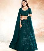 Dark Teal Embroidered Semi Stitched Lehenga and Unstitched Blouse With Dupatta