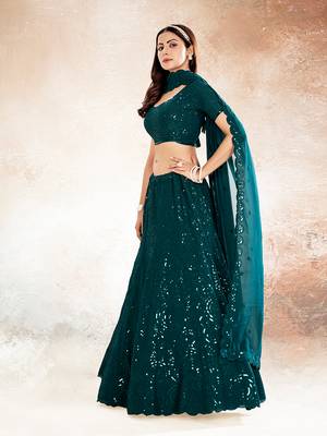 Dark Teal Embroidered Semi Stitched Lehenga and Unstitched Blouse With Dupatta 2