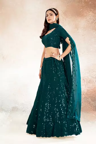 Dark Teal Embroidered Semi Stitched Lehenga and Unstitched Blouse With Dupatta