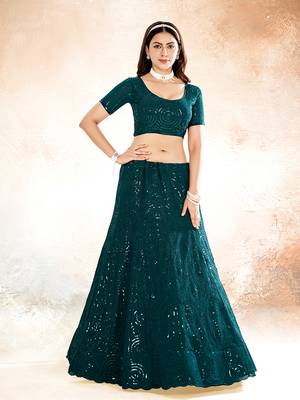 Dark Teal Embroidered Semi Stitched Lehenga and Unstitched Blouse With Dupatta 3