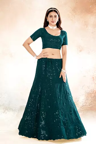 Dark Teal Embroidered Semi Stitched Lehenga and Unstitched Blouse With Dupatta